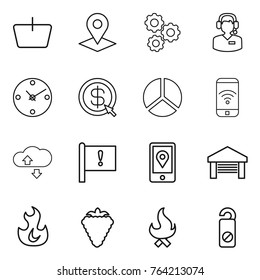 Thin line icon set : basket, pointer, gear, call center, clock, dollar arrow, diagram, phone wireless, cloude service, important flag, mobile location, garage, fire, berry, do not distrub