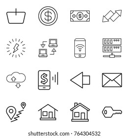 Thin line icon set : basket, dollar, money, up down arrow, lightning, notebook connect, phone wireless, server, cloude service, mobile pay, left, mail, route, home, key