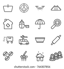Thin line icon set : basket, target audience, drone, pyramid, smart house, port, dry cargo, search, fast deliver, transfer, colander, rolling pin, coffee seeds, vacuum cleaner, cleaning, outsource