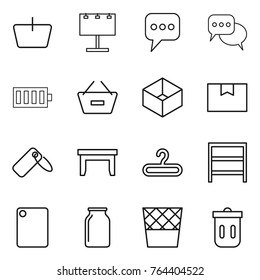 Thin line icon set : basket, billboard, message, discussion, battery, remove from, box, package, label, table, hanger, rack, cutting board, bank, trash bin