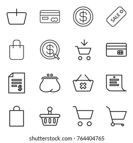 Thin line icon set : basket, card, dollar, sale, shopping bag, arrow, add to cart, credit, account balance, purse, delete, list