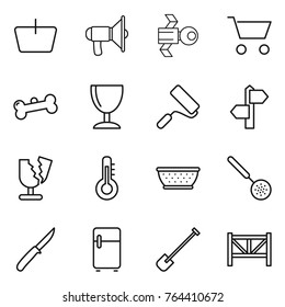 Thin line icon set : basket, loudspeaker, satellite, cart, bone, wineglass, repair, signpost, broken, thermometer, colander, skimmer, knife, fridge, shovel, farm fence