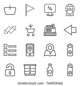 Thin line icon set : basket, flag, monitor arrow, notebook globe, up down, add to cart, cashbox, left, list, mobile location, map, do not distrub, unlocked, chest of drawers, ketchup