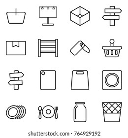 Thin line icon set : basket, billboard, box, singlepost, package, rack, label, signpost, cutting board, ring button, plates, fork spoon plate, bank, trash bin
