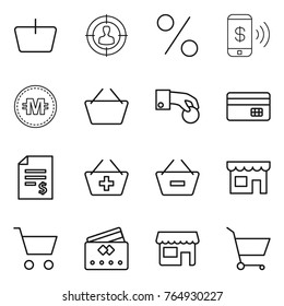 Thin line icon set : basket, target audience, percent, phone pay, crypto currency, hand coin, credit card, account balance, add to, remove from, shop, cart