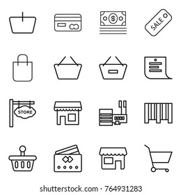 Thin line icon set : basket, card, money, sale, shopping bag, remove from, list, store signboard, shop, mall, bar code, credit, cart