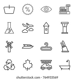 Thin line icon set : basket, percent, eye, cashbox, flask, journey, tower, airport, windmill, yacht, hanger, knife holder, recycling, maple leaf, car wash, bath