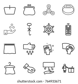 Thin line icon set : basket, purse, spinner, smart bracelet, chemical industry, do not hook sign, handwheel, remote control, curtain, sow, wiping, hanger, hand dryer, kitchen cleaning