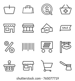 Thin line icon set : basket, shopping bag, dollar arrow, add to, shop, market, sale, percent, bar code, delivery, store signboard, cart, turk