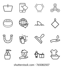 Thin line icon set : basket, touch, hex molecule, spinner, smart bracelet, delivery, shark flipper, rag, horseshoe, wiping, scraper, hand and drop, liquid soap, housing, kitchen cleaning
