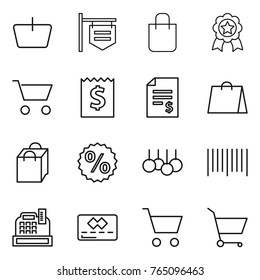 Thin line icon set : basket, shop signboard, shopping bag, medal, cart, receipt, account balance, percent, sale, bar code, cashbox, credit card