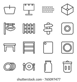 Thin line icon set : basket, billboard, battery, box, shop signboard, pallet, signpost, ring button, table, rack, cutting board, plates, fork spoon plate, bank, trash bin