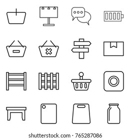 Thin line icon set : basket, billboard, discussion, battery, remove from, delete cart, singlepost, package box, rack, pallet, ring button, table, cutting board, bank