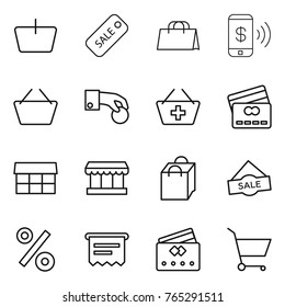 Thin line icon set : basket, sale, shopping bag, phone pay, hand coin, add to, credit card, market, percent, atm receipt, cart
