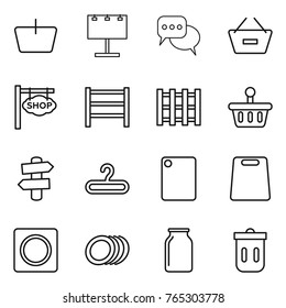 Thin line icon set : basket, billboard, discussion, remove from, shop signboard, rack, pallet, signpost, hanger, cutting board, ring button, plates, bank, trash bin
