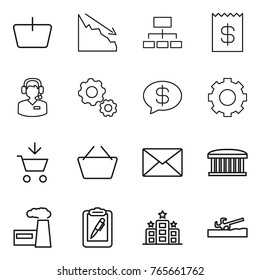 Thin line icon set : basket, crisis, hierarchy, receipt, call center, gear, money message, add to cart, mail, airport building, factory, clipboard pen, hotel, soil cutter