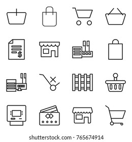 Thin line icon set : basket, shopping bag, cart, account balance, shop, store, mall, do not trolley sign, pallet, atm, credit card
