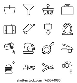 Thin line icon set : basket, funnel, suitcase, baggage get, mirror, mixer, kettle, pan, garlic clasp, hand mill, scissors, pruner, water tap