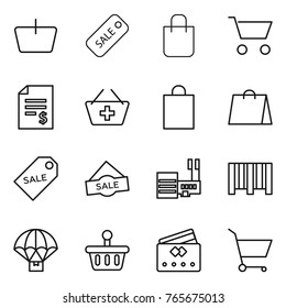 Thin line icon set : basket, sale, shopping bag, cart, account balance, add to, label, mall, bar code, parachute delivery, credit card