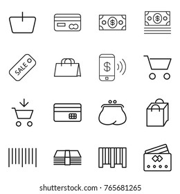 Thin line icon set : basket, card, money, sale, shopping bag, phone pay, cart, add to, credit, purse, bar code