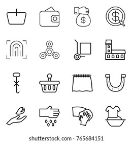 Thin line icon set : basket, wallet, money gift, dollar arrow, fingerprint, spinner, cargo stoller, mansion, do not hook sign, curtain, horseshoe, hand leaf, sow, wiping, handle washing