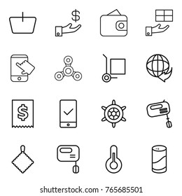 Thin line icon set : basket, investment, wallet, gift, touch, spinner, cargo stoller, delivery, tax, mobile checking, handwheel, mixer, rag, thermometer, cleanser powder