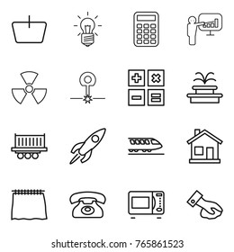 Thin line icon set : basket, bulb, calculator, presentation, nuclear, laser, fountain, truck shipping, rocket, train, home, curtain, phone, microwave oven, wiping