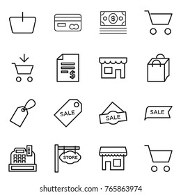 Thin line icon set : basket, card, money, cart, add to, account balance, shop, shopping bag, label, sale, cashbox, store signboard