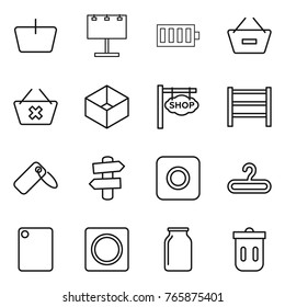 Thin line icon set : basket, billboard, battery, remove from, delete cart, box, shop signboard, rack, label, signpost, ring button, hanger, cutting board, bank, trash bin