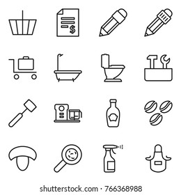 Thin line icon set : basket, account balance, pencil, baggage trolley, bath, toilet, repair tools, meat hammer, food processor, ketchup, coffee seeds, mushroom, viruses, sprayer, apron