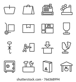 Thin line icon set : basket, shopping bag, cashbox, cargo stoller, package box, consolidated, fragile, do not hook sign, courier delivery, broken, safe, repair tools, cereals, warehouse