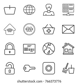 Thin line icon set : basket, globe, woman, server, wireless home, crypto currency, add to, mail, lock, invoice, earth, unlocked, key, ring button, bucket and broom