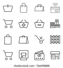 Thin line icon set : basket, shopping bag, tap to pay, cart, add, remove from, store, do not trolley sign, pallet, atm, credit card, shop