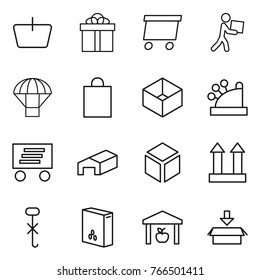 Thin line icon set : basket, gift, delivery, courier, parachute, shopping bag, box, cashbox, warehouse, 3d, cargo top sign, do not hook, cereals, package