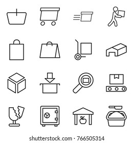 Thin line icon set : basket, delivery, courier, shopping bag, cargo stoller, warehouse, 3d, package, search, transporter tape, broken, safe, washing powder