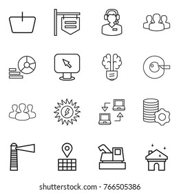 Thin line icon set : basket, shop signboard, call center, group, diagram, monitor arrow, bulb brain, cell corection, sun power, notebook connect, virtual mining, lighthouse, map, harvester