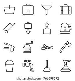 Thin line icon set : basket, portfolio, funnel, suitcase, baggage get, kettle, garlic clasp, hand mill, scissors, axe, bucket, water tap, plunger