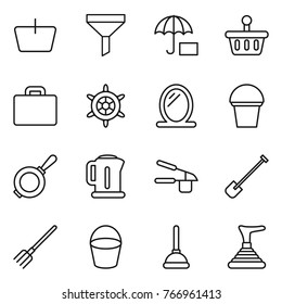 Thin line icon set : basket, funnel, insurance, suitcase, handwheel, mirror, bucket, pan, kettle, garlic clasp, shovel, fork, plunger