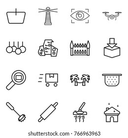 Thin line icon set : basket, lighthouse, eye identity, drone, sale, modern architecture, gothic, package, cargo search, fast deliver, palm hammock, colander, whisk, rolling pin, vacuum cleaner