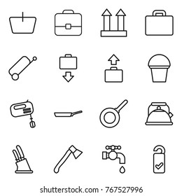 Thin line icon set : basket, portfolio, cargo top sign, suitcase, baggage get, bucket, mixer, pan, kettle, knife holder, axe, water tap, please clean