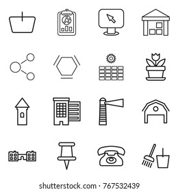Thin line icon set : basket, report, monitor arrow, warehouse, molecule, hex, sun power, flower, tower, houses, lighthouse, barn, school, pin, phone, bucket and broom
