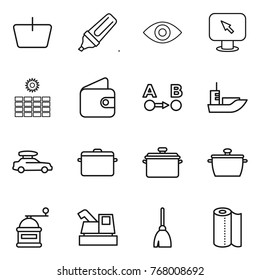 Thin line icon set : basket, marker, eye, monitor arrow, sun power, wallet, route a to b, sea shipping, car baggage, pan, hand mill, harvester, broom, paper towel