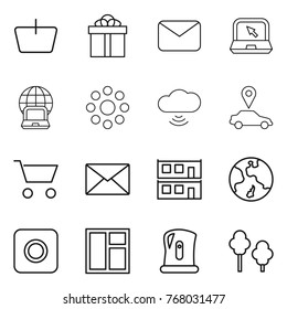 Thin line icon set : basket, gift, mail, notebook, globe, round around, cloud wireless, car pointer, cart, modular house, earth, ring button, window, kettle, trees