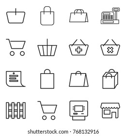Thin line icon set : basket, shopping bag, cashbox, cart, add to, delete, list, pallet, atm, shop