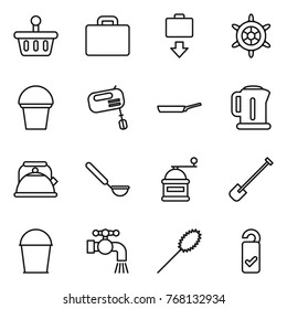 Thin line icon set : basket, suitcase, baggage get, handwheel, bucket, mixer, pan, kettle, ladle, hand mill, shovel, water tap, duster, please clean