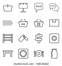 Thin line icon set : basket, billboard, message, discussion, battery, remove from, delete cart, package box, rack, label, signpost, ring button, table, fork spoon plate, bank
