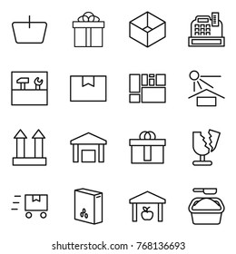 Thin line icon set : basket, gift, box, cashbox, tools, package, consolidated cargo, sun potection, top sign, warehouse, hi quality, broken, fast deliver, cereals, washing powder