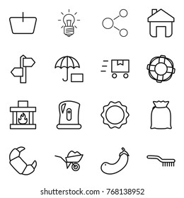 Thin line icon set : basket, bulb, molecule, home, signpost, insurance, fast deliver, lifebuoy, fireplace, kettle, induction oven, flour, croissant, wheelbarrow, eggplant, brush