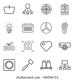 Thin line icon set : basket, share, target, report, bulb, calendar, diagram, bio, fingerprint, heart, surveillance camera, ring button, meat hammer, salt pepper, hierarchy