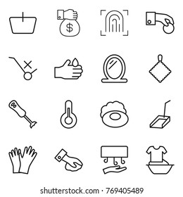 Thin line icon set : basket, money gift, fingerprint, hand coin, do not trolley sign, acid, mirror, rag, blender, thermometer, soap, scoop, gloves, wiping, dryer, handle washing